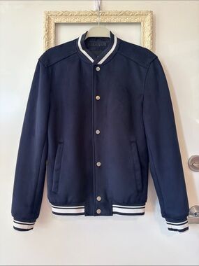 ZARA | Water Repellent Faux Suede Navy Bomber Jacket with White Trim